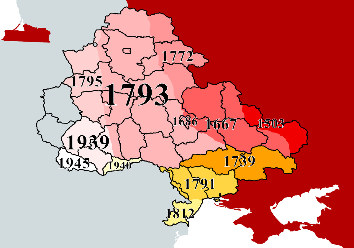 На корявость просьба не обижаться - рисовал сам. Красными и розовыми оттенками - территории, которые русские цари, императоры и товарищ Сталин вернули у поляков. Все эти области, а также большая часть Люблинского и Подкарпатского воеводств нынешней Польши (не выделены цветом, только контур) были частью Руси вплоть до упадка и раздела Галицко-Волынского княжества поляками и литовцами в XIV веке. То есть, пробыли вне России от 150 до 600 лет. Оранжевыми и жёлтыми оттенками - территории, которые не являлись местами расселения восточнославянских племён и не входили изначально в состав Руси. В основном, были отвоёваны у турецкой Порты и зависимых от неё Орд и Ханств во времена Российской Империи.