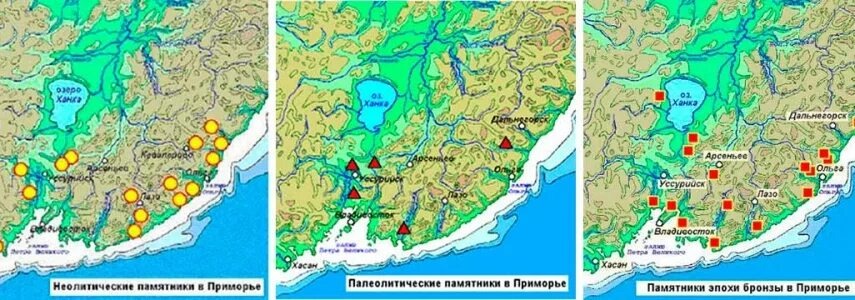 Карты древнейших памятников в Приморье, группированные по эпохам