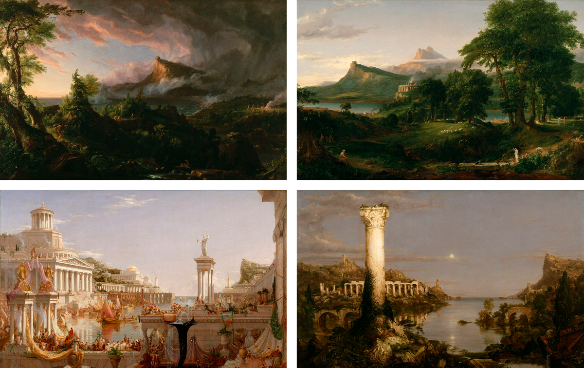 Thomas Cole (1801-1848): «The Savage State», 1834; «The Arcadian or Pastoral State», 1834; «The Consummation of Empire», 1836; «Desolation», 1836.