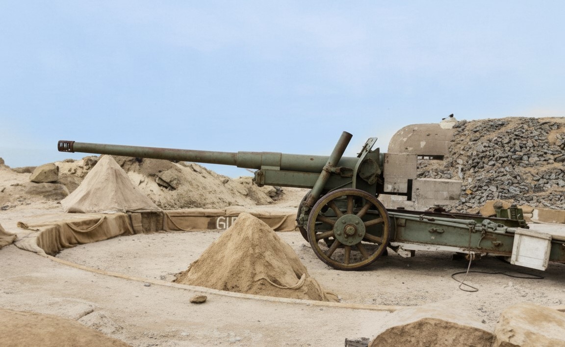Советское 122-мм орудие образца 1931 года было захвачено немцами на Восточном фронте. Как видно, расположено на простой открытой позиции на побережье Нормандии. На заднем плане виден бункер