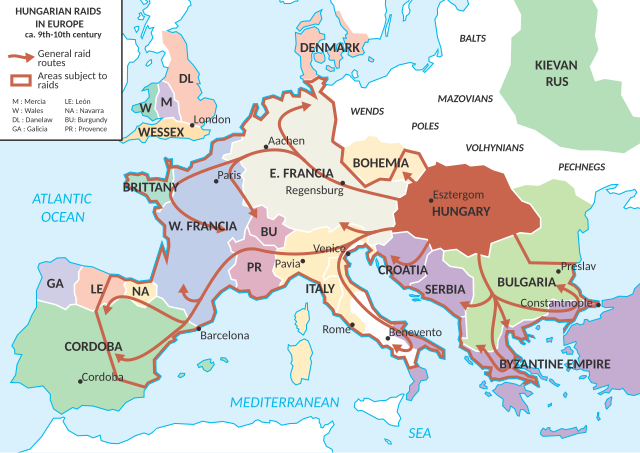 Стрелки показывают общие перемещения венгерских набеговых отрядов на протяжении десятилетий. Фото из свободных источников в Интернете.