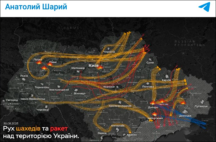    Карта ударов по вражеской территории//Скриншот страницы ТГ-канала Анатолия Шария