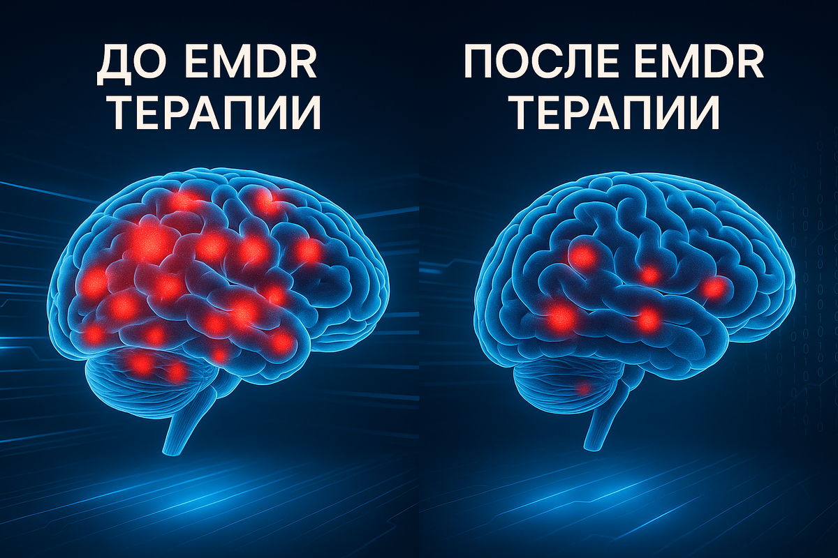 На рисунке схематично изображена нормализация активности головного мозга в результате EMDR-терапии.