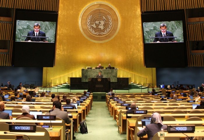 Министр иностранных дел Туркменистана Рашид Мередов выступает на пленарном заседании 79-й сессии Генассамблеи ООН, 27 сентября, 2024 г., Нью-Йорк, США (Фото: МИД Туркменистана)