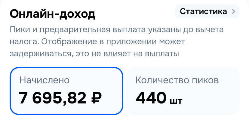 Общее количество пиков и общая сумма с учетом бонусов.