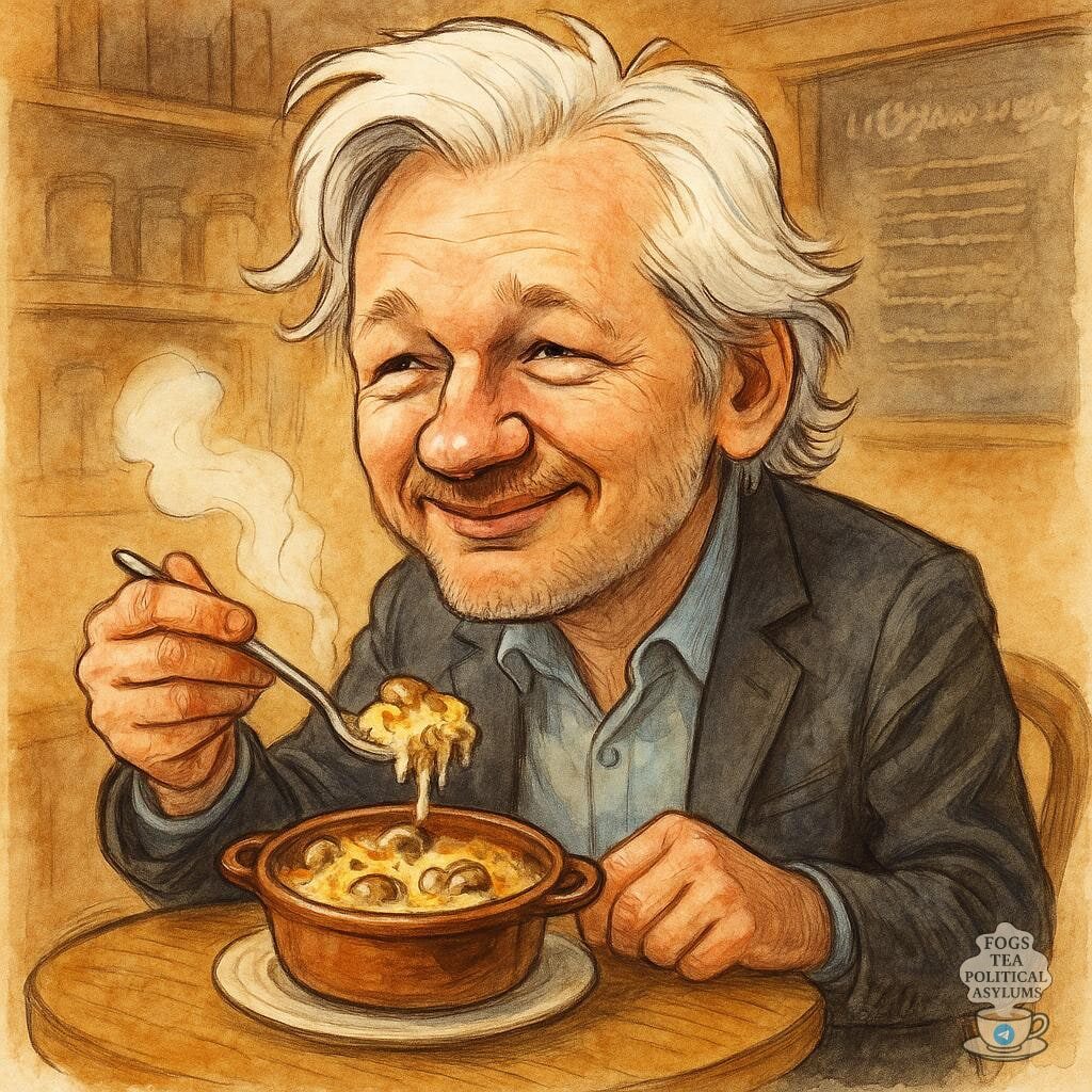 Джулиан Ассанж ест жульен