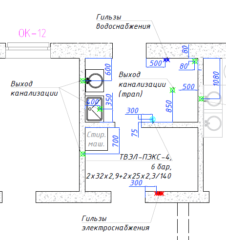 план котельной с расположением закладных и/или заведеных коммуникаций с привязками