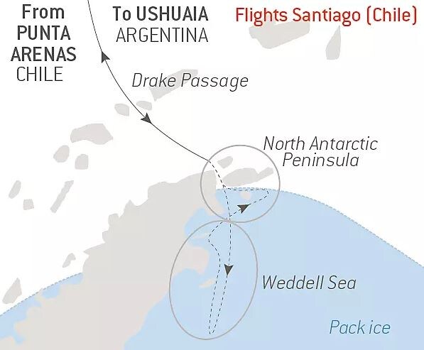 Маршрут, предлагаемый туристам для посещения Антарктиды