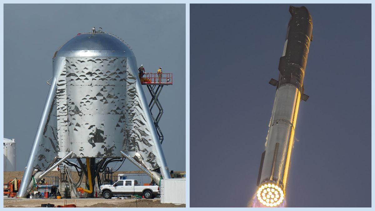Starhopper в марте 2019 года (слева) и РН Straship во время запуска в октябре 2024 года.  Собственная работа.