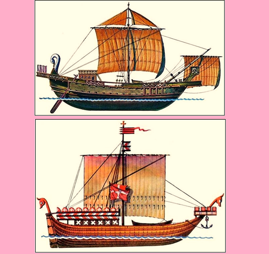 Вверху - древнеримский корабль третьего века, целостные останки которого найдены на дне бухты французского города Антиб, внизу -  реконструкция средневековогового датского корабля XIII века по останкам на дне море и по рисункам тех времен. По нынешней же хронологии выходит, что за тысячу лет - почти никакой разницы, при том, что римский корабль технически даже более продвинут!