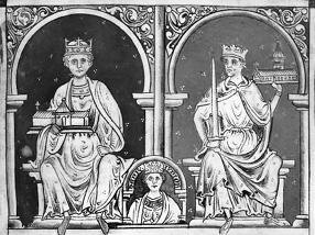 Генрих II и его сын Ричард I Львиное Сердце. Миниатюра манускрипта Historia Anglorum. Между 1250 и 1259