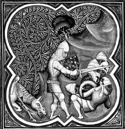 Сражение Карла Великого с сарацинами. Миниатюра Хроники Сен-Дени. XIV в.