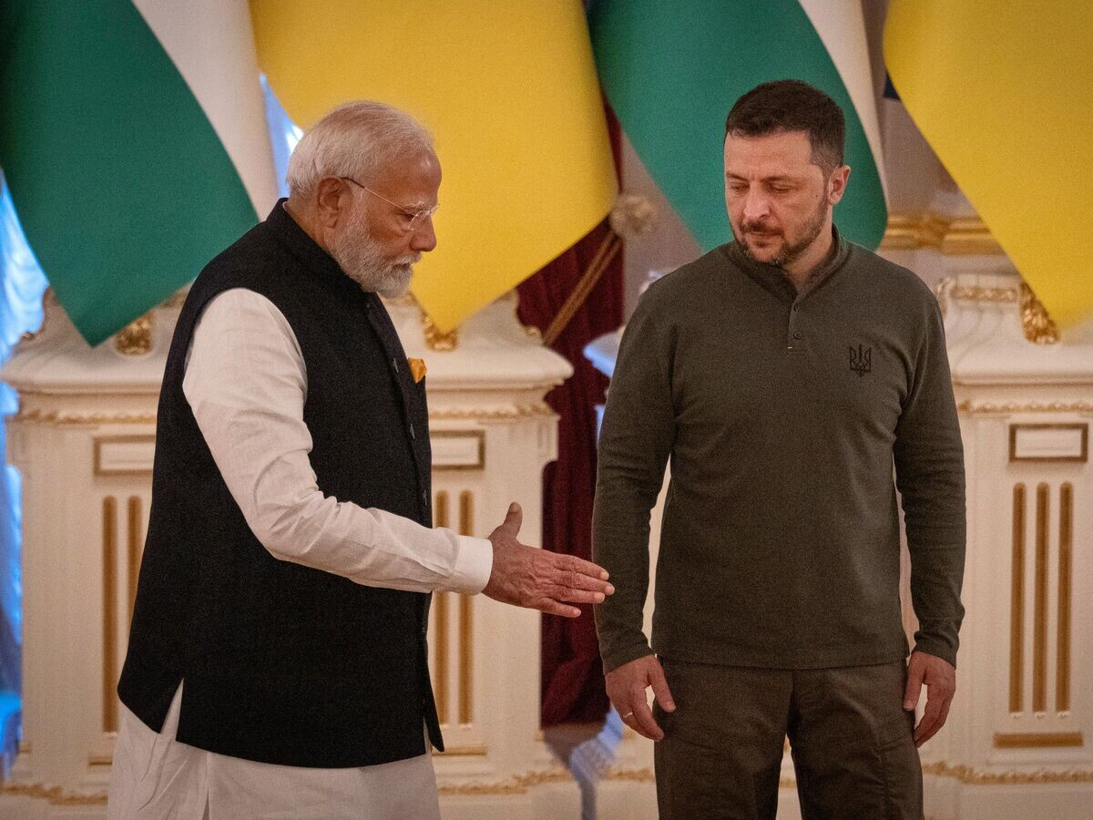    Нарендра Моди и Владимир Зеленский во время встречи в Киеве© AP Photo / Efrem Lukatsky