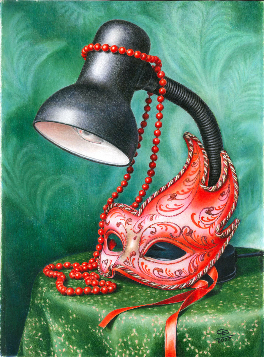 Рисунок цветными карандашами: "Натюрморт с лампой". Бумага Гознак (ватман), формат А3. Цветные карандаши Faber-Castell Polychromos. Автор - Никифорова Светлана