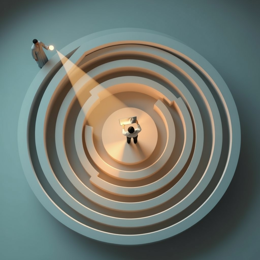 Работа коуча и клиента. Коуч освещает путь, но выбор и «наведение луча» совершает клиент.