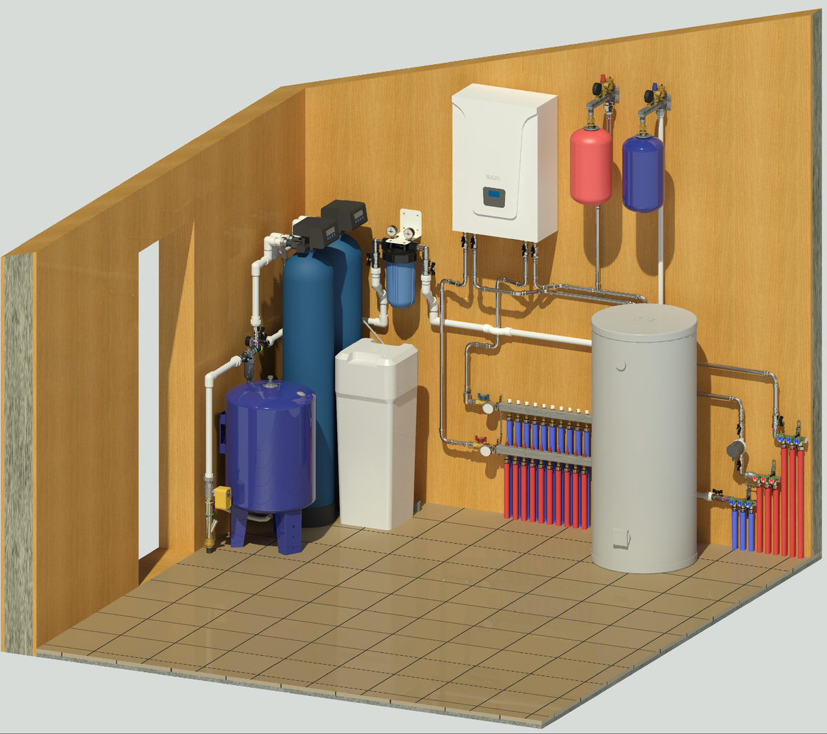 Теплогенераторная в барнхаусе. Электрокотел, бойлер напольный, ввод воды, реле и гидробак, водоподготовка