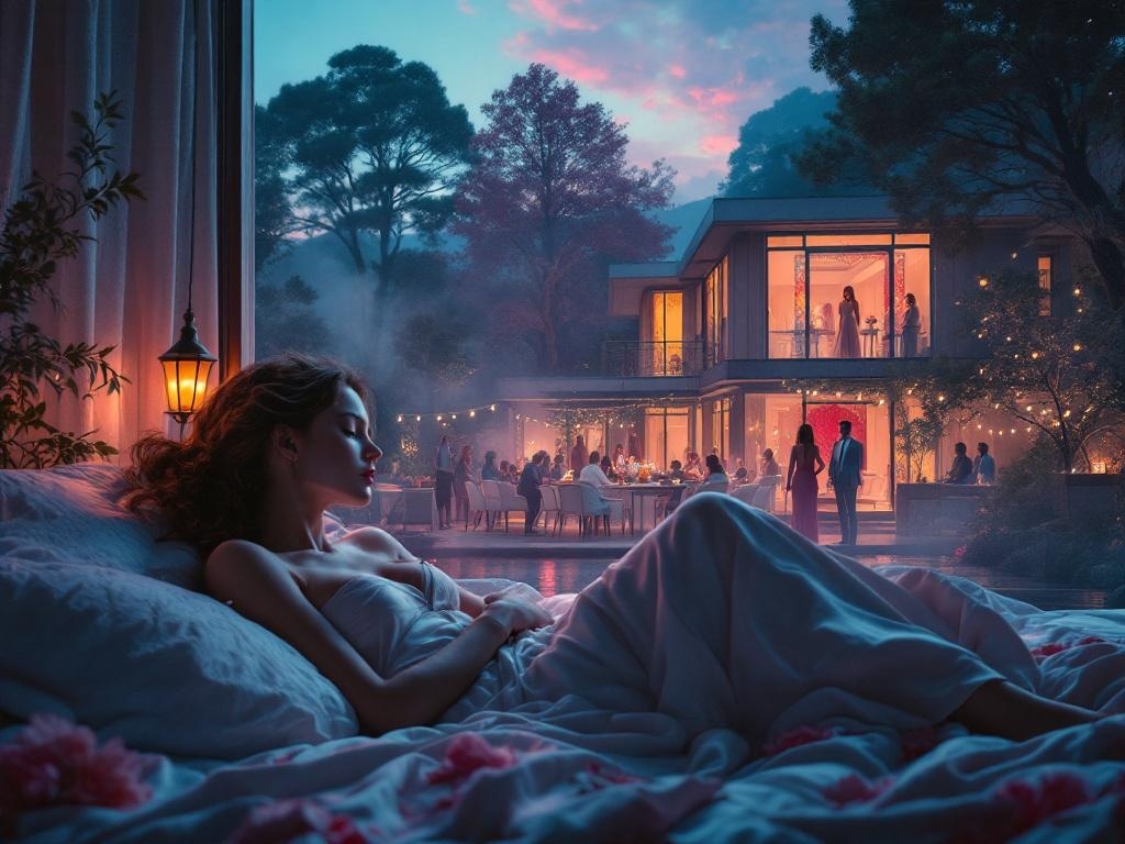    К чему такое снится: На картине изображена женщина в белом платье рядом со столом, на котором стоят закуски. Вокруг несколько гостей в праздничной одежде. Сзади видна современная вилла с