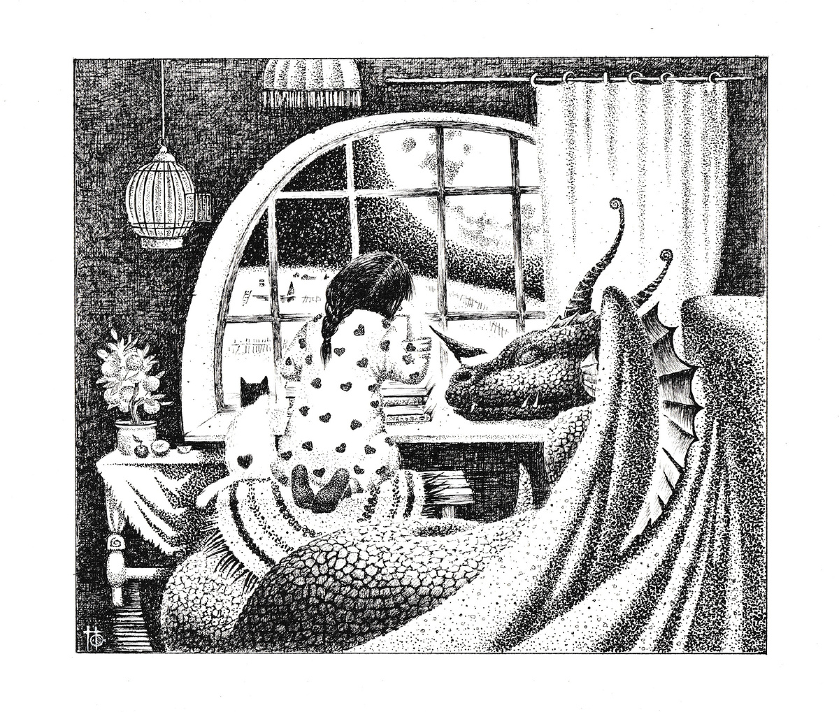 Ольга Петрова. С прирученным драконом. Графика. Бумага,  линеры.