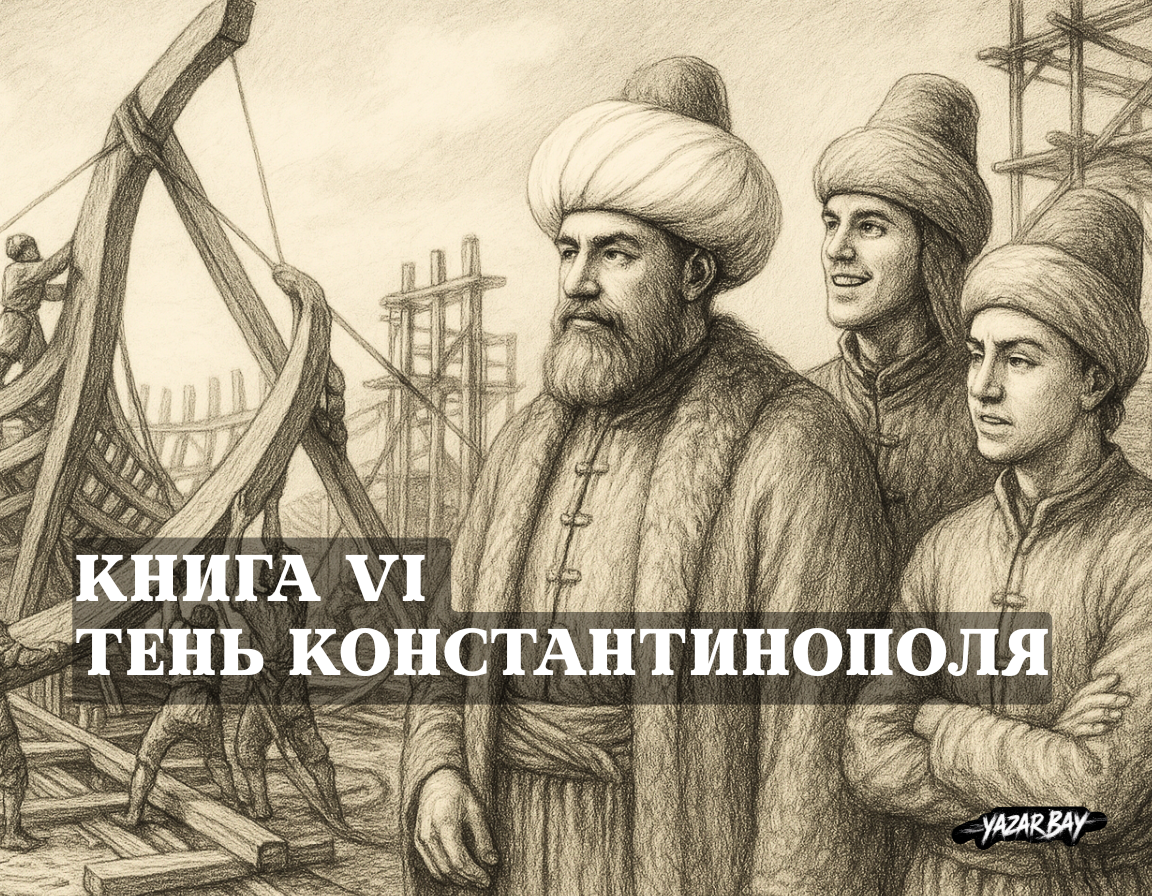 На новой верфи в порту Киоса Осман-султан и его сыновья, Орхан и Алаэддин, наблюдают за установкой первого шпангоута османского военного корабля. ©Язар Бай