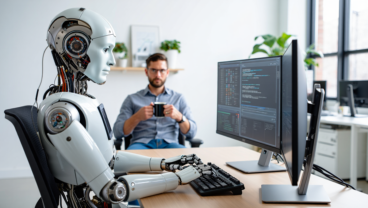 ИИ агент ChatGPT за компьютером выполняет задачи автоматизации: создает отчеты, таблицы и презентации. Цифровой помощник работает вместо человека, который в это время пьет кофе. Концепция автоматизации рутины с помощью искусственного интеллекта.