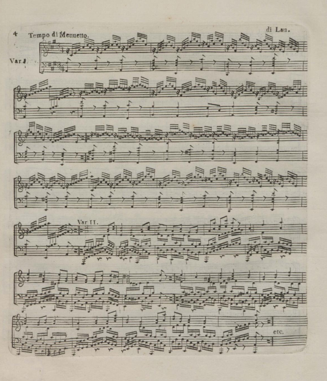 Вариации К. Лау в пятилинейной нотации из книги Гинрихса. Пьеса показывает уровень мастерства роговых оркестров конца XVIII века