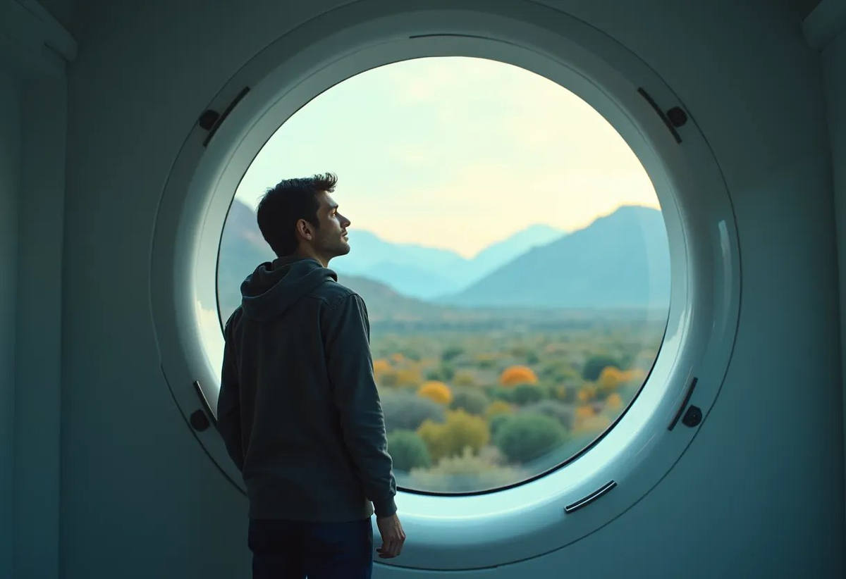 Пассажир гиперлупа наблюдает стремительно меняющийся пейзаж.