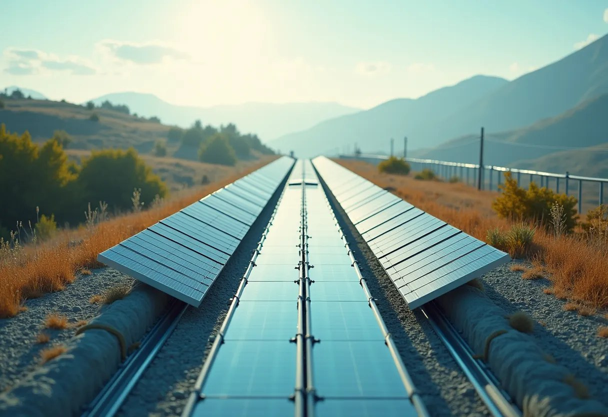 Солнечные панели вдоль трассы гиперлупа обеспечивают энергоэффективность.