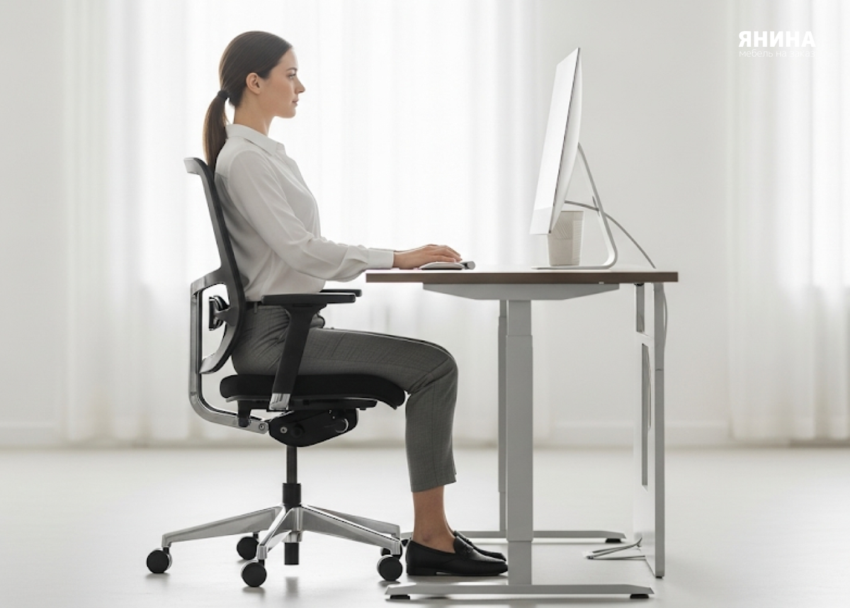 Правильная посадка за рабочим столом: углы в локтях и коленях - 90°, монитор на расстоянии вытянутой руки