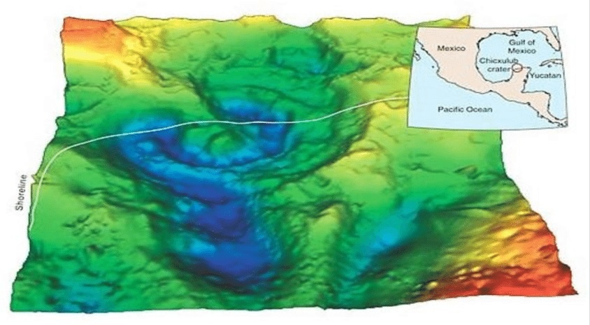Косое трехмерное гравитационное изображение и карта местоположения ударного кратера Чиксулуб на полуострове Юкатан в Мексике.