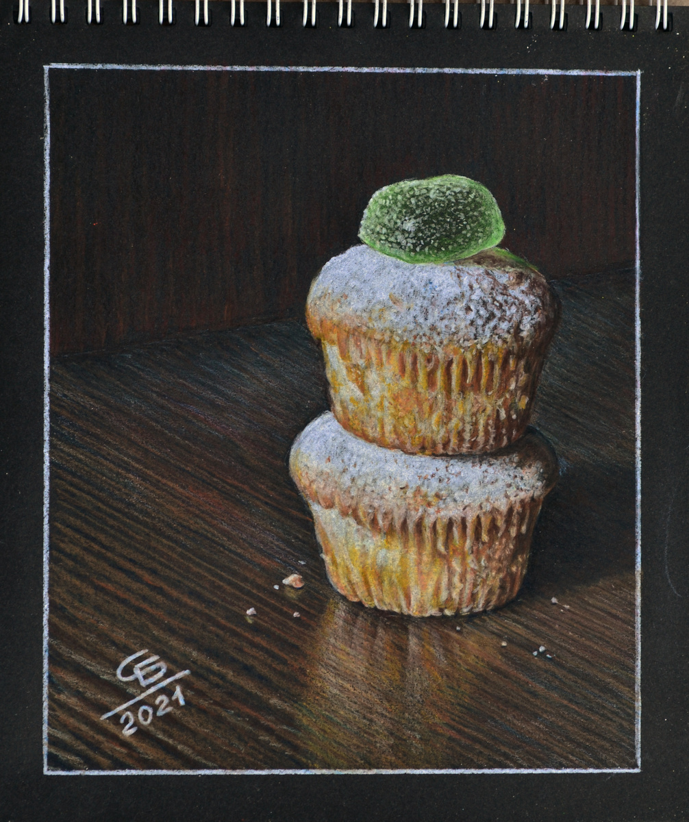 Рисунок цветными карандашами на чёрной бумаге. "Кексы", Автор: Никифорова Светлана