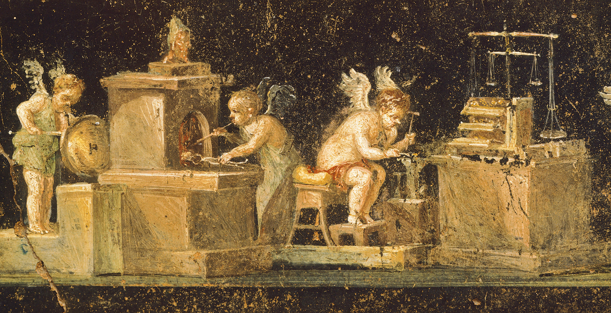 Золото и серебро работы в Риме
В Риме ювелиры и серебряники объединились в влиятельную и уважаемую гильдию, которая, однако, находилась под строгим надзором. Для знати и состоятельных граждан они создавали изысканную серебряную посуду и золотые украшения. Это мастерство можно увидеть на аллегорической картине из одного из самых красивых домов Помпеи, где среди прочих занятий крылатых купидонов центральное место занимает добыча золота.
Первый век нашей эры. Помпеи, Дом Веттиев, фреска в большом триклинии.