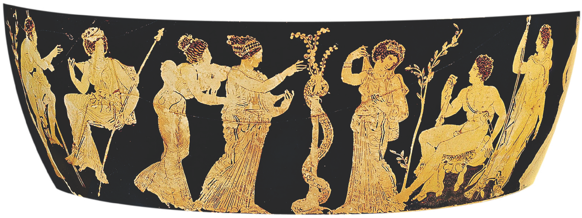 Золотые яблоки из Сада Гесперидов
Нимфы Заката, Геспериды, дочери Атланта, обитали в волшебном саду на краю света. Там росли яблони с золотыми плодами, принадлежавшими Гере и охраняемыми стоглавым драконом. Еврисфей, царь Аргоса, поручил Гераклу добыть эти яблоки. После долгих усилий Геракл выполнил задание, но Еврисфей отказался от дара. Тогда Геракл отдал яблоки своей покровительнице, Афине, которая мудро вернула их обратно в сад Гесперид.
Гидрия с красными фигурами (деталь), ок. 420 - 400 до н. Лондон, Британский музей.