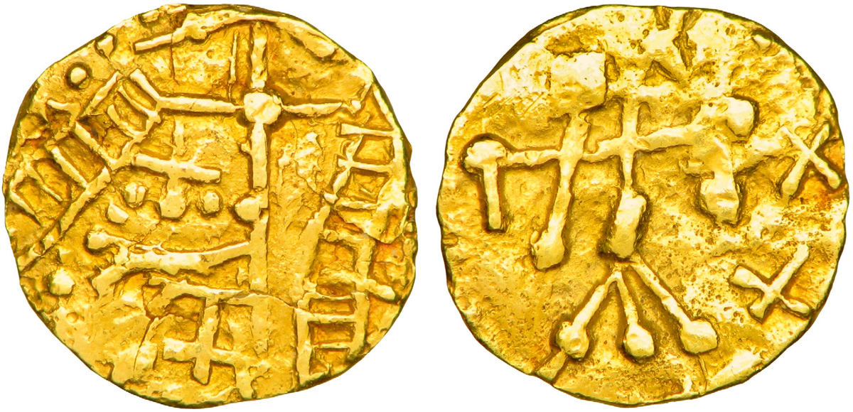 Рейнское золото
В V веке бургунды, чьей столицей был Вормс, контролировали обширные территории у слияния Рейна и Майна. Именно этот город стал местом действия "Песни о Нибелунгах", написанной около 1200 года на средневерхненемецком языке. В ней Вормс представлен как двор короля бургундов Гюнтера, зятя героя Зигфрида. Зигфрид, победив нибелунгов, завладел их волшебными сокровищами, которые те, в свою очередь, похитили у дочерей Рейна. После череды трагических событий, кровавой мести, гибели Зигфрида и уничтожения бургундского народа, сокровище было возвращено в Рейн и навечно погружено на его дно.
Бургундские монеты в золоте, «Triens à la victoire», VII век. Париж, Galerie Les Chevau légers.