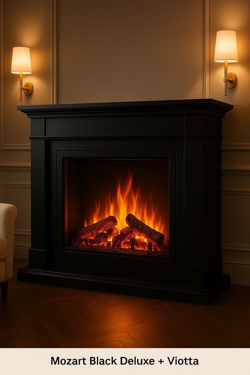    Электрокамин Mozart Black Deluxe + Viotta: как создать уют и атмосферу тепла в вашем доме с помощью 3D-эффекта пламени и легкого управления Kamin