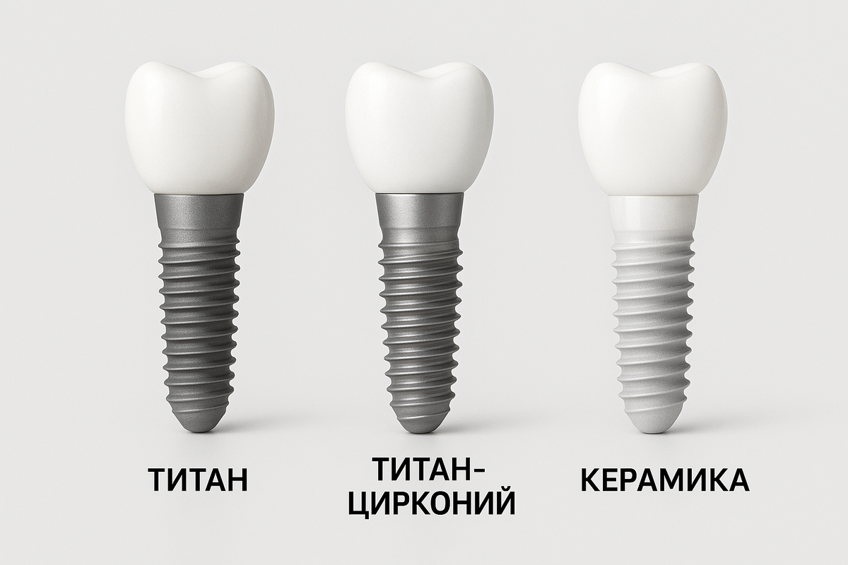 Зубные импланты изготавливают из медицинского титана, сплава титана и циркония и керамики (цельнолитой цирконий). 