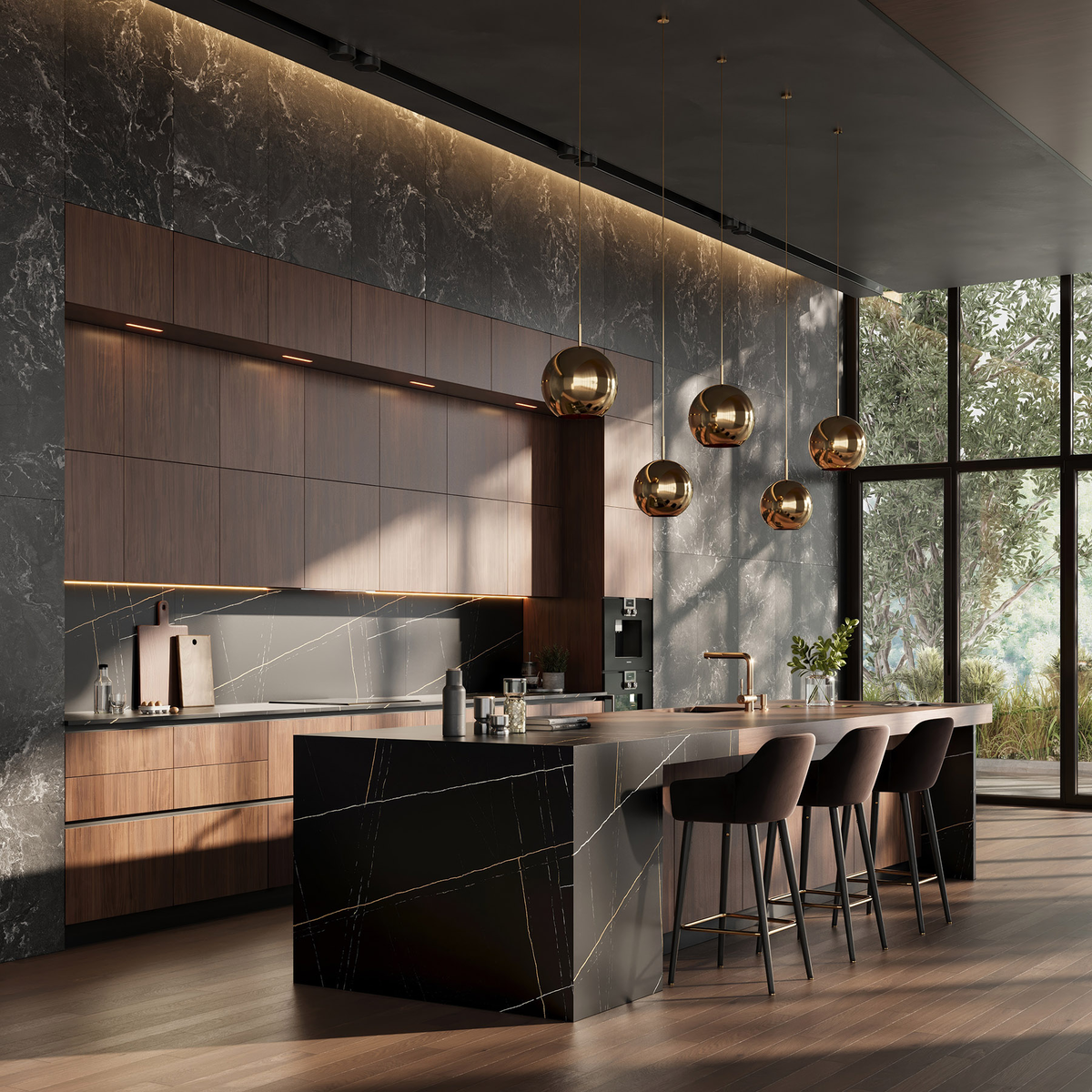 Элегантная кухня с отделкой шпоном для загородного дома от Арлайн