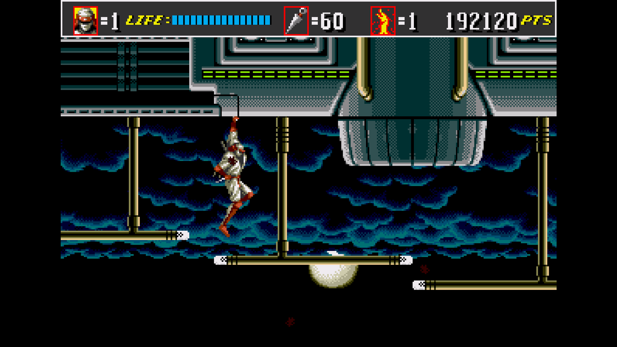 Возможность цепляться. Скриншот. Shinobi 3: Return of the Ninja Master. 1993 год. Разработчик: Sega.