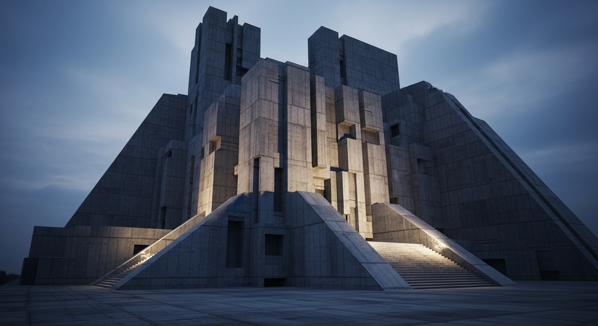 Крепость бруталистов в сумерках