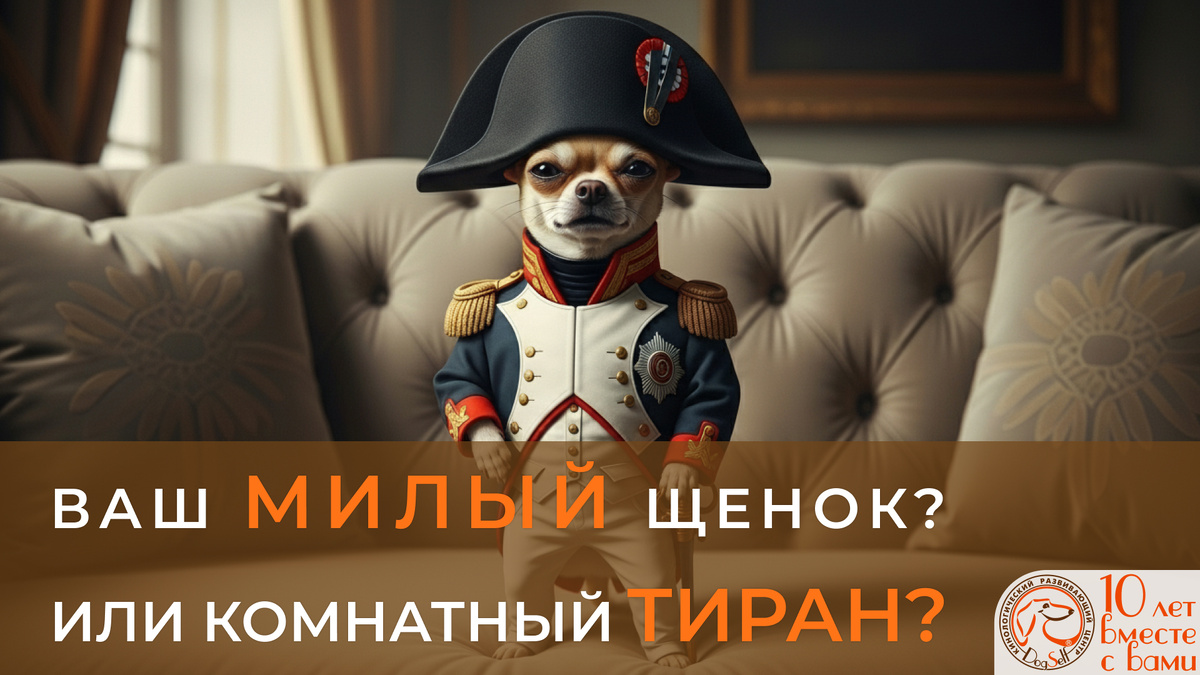 Маленькая собака чихуахуа в костюме Наполеона властно стоит на дорогом диване. Юмористическая метафора для статьи о том, как неправильное воспитание щенка и отсутствие дрессировки превращают его в домашнего тирана | Изображение: DogSelf