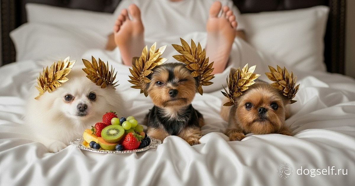 Три маленькие собаки (шпиц, йоркширский терьер, гриффон) в римских венках лежат на хозяйской кровати, как императоры. Саркастичная иллюстрация для статьи DogSelf о том, как чрезмерное баловство и всепрощение приводят к поведенческим проблемам у щенков | Изображение: DogSelf