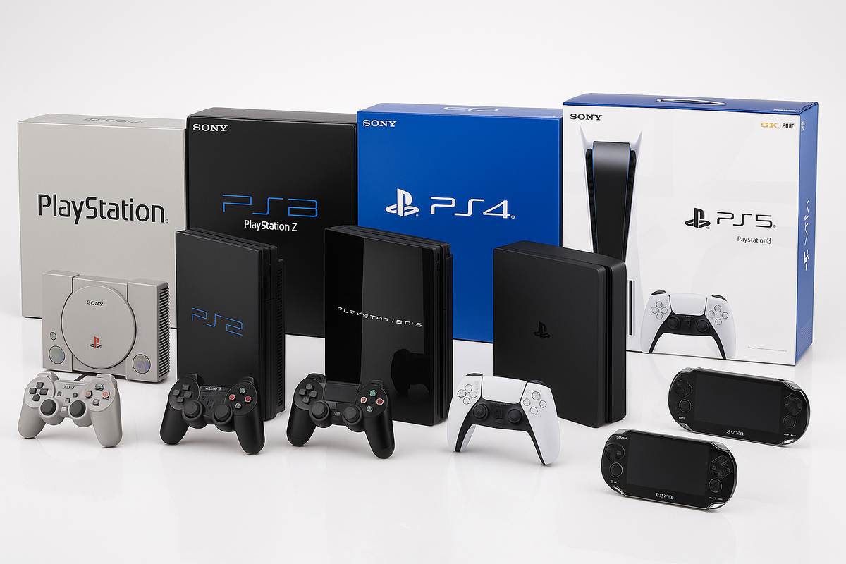 На изображении представлены все поколения консолей PlayStation — от оригинальной PlayStation (спереди) до PlayStation 5 (сзади), включая портативные системы PSP и PS Vita. Эти устройства отражают более 30 лет эволюции игрового бизнеса Sony.