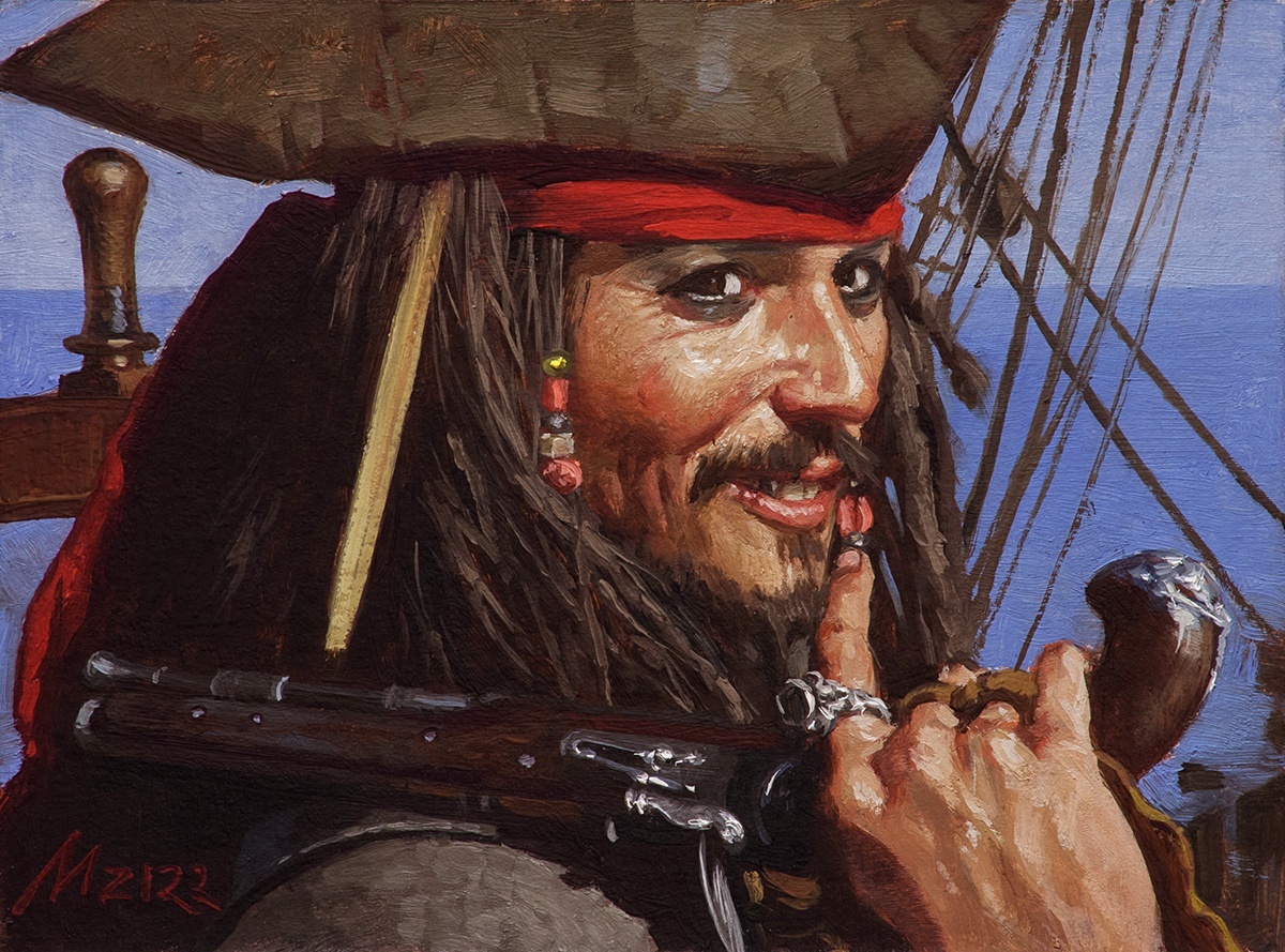 ХУДОЖНИК НИК МАЗУР / «Captain Jack Sparrow» ПИРАТЫ КАРИБСКОГО ЗАЛИВА «Pirates of the Caribbean» Картон, масло. 15×20 см. 2022 г