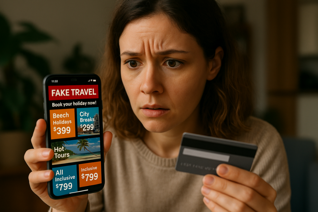 Человек бронирует отель на поддельном сайте