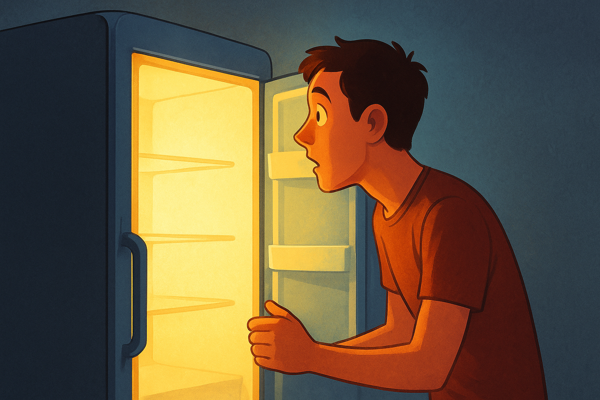 Скучающий человек в 10 раз заглядывает в холодильник, понимая, что там ничего не поменялось.