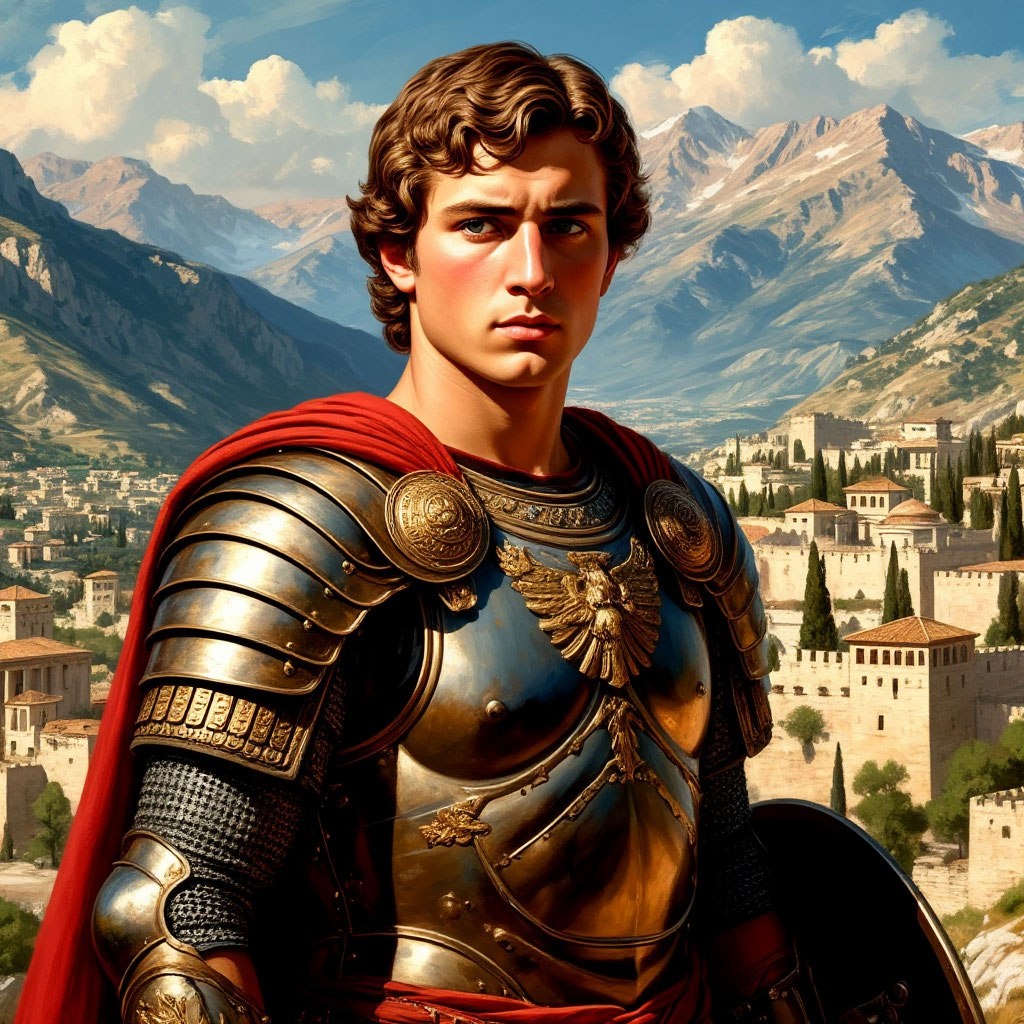 Портрет молодого Александра в боевой броне, на фоне гор и древних городов.