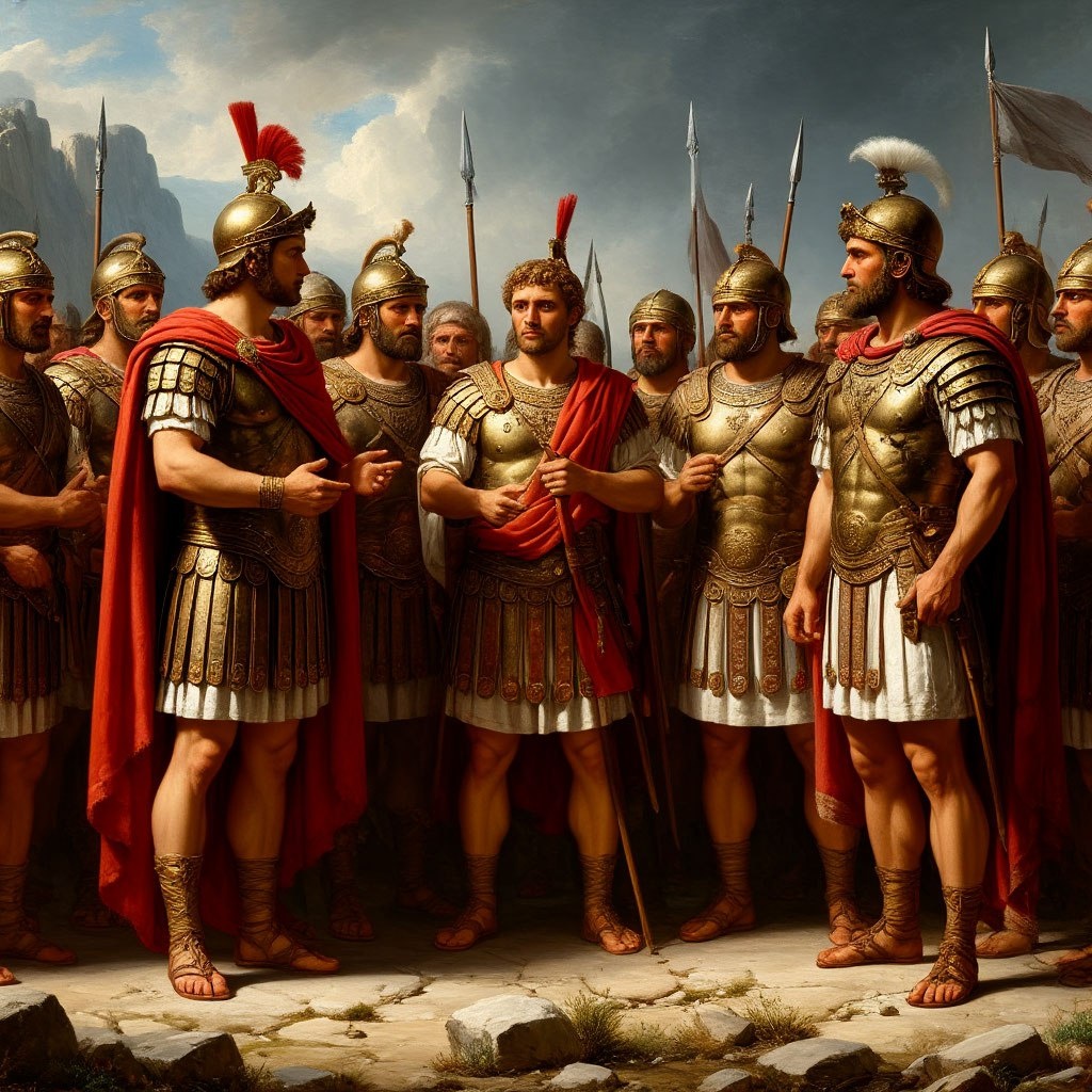 Александр, обсуждающий стратегию с генералами, сцена разрушения или мира — иллюстрация борьбы между жестокостью и милосердием.