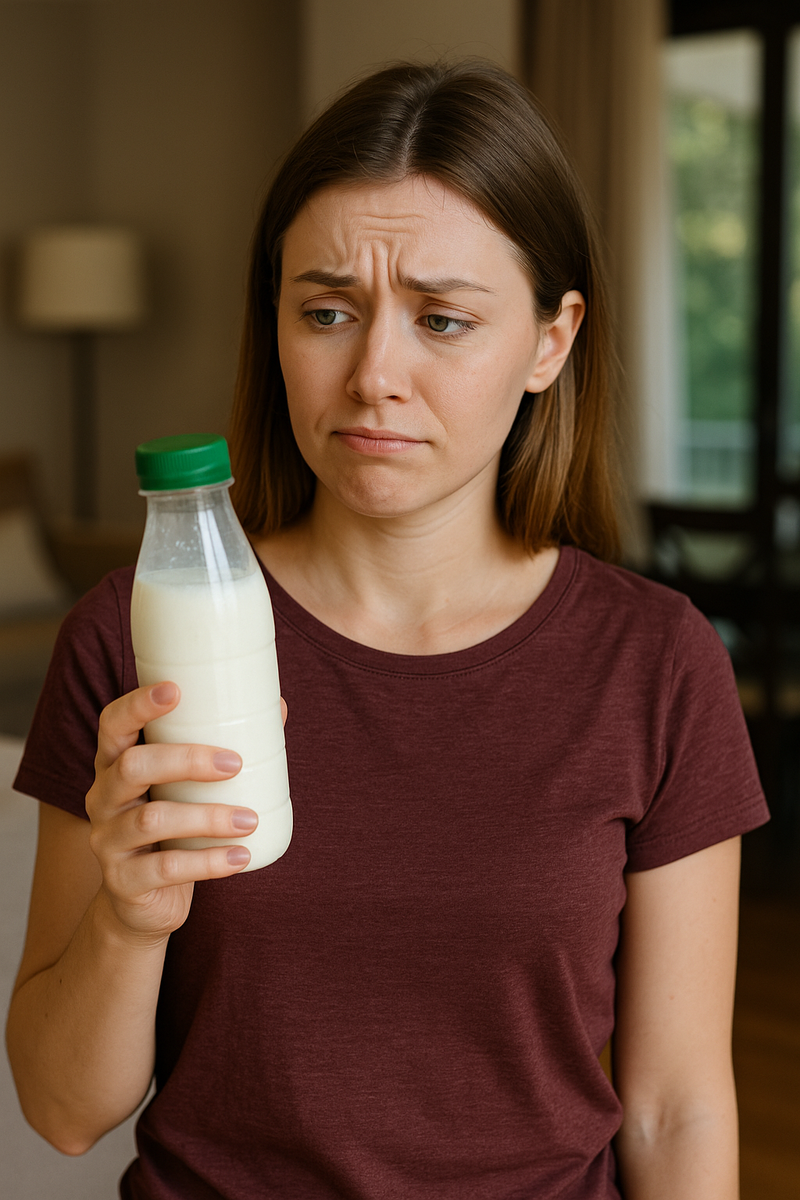 давай это фото: Девушка держит бутылку кефира и выглядит сомневающейся