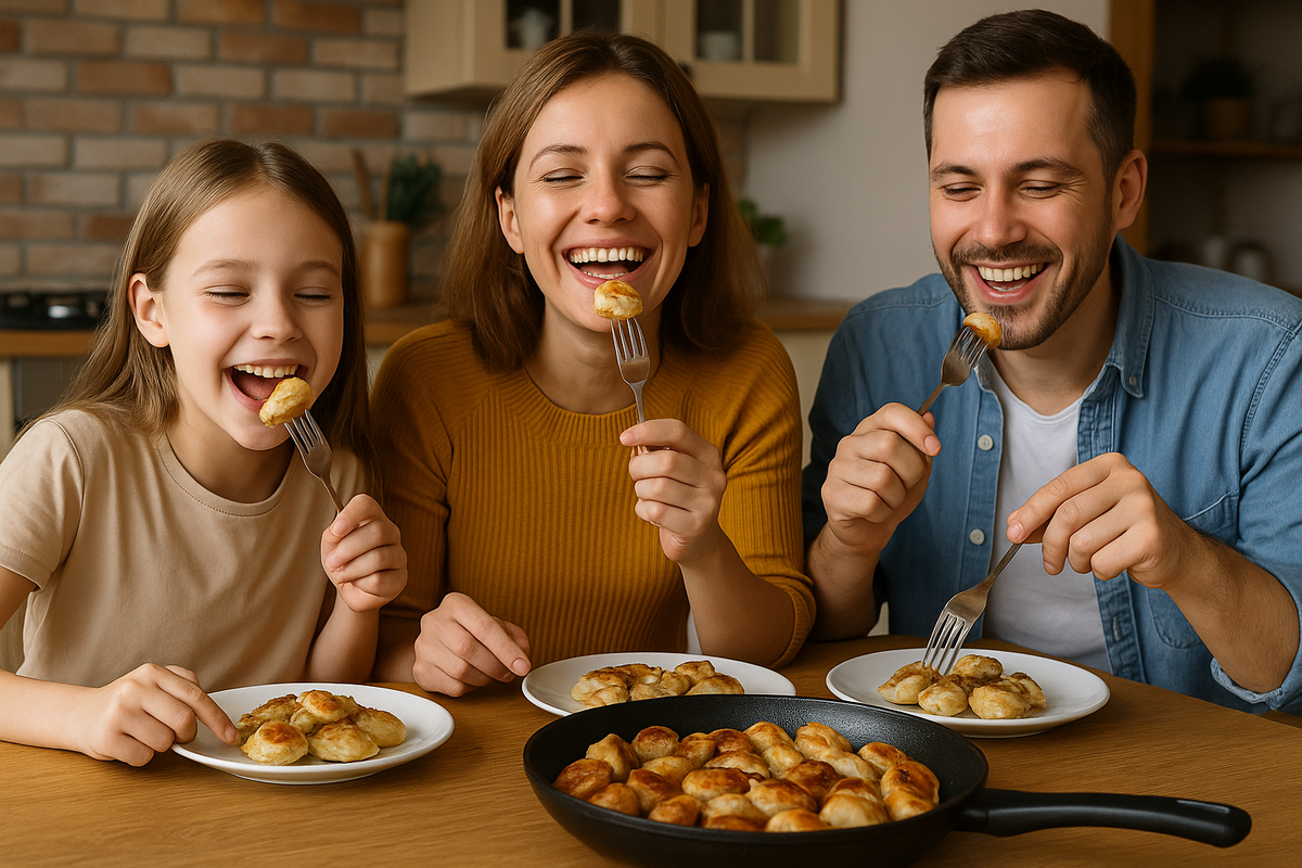 Семья из трёх человек сидит за деревянным столом и с аппетитом ест хрустящие жареные пельмени из сковороды, все улыбаются и наслаждаются едой