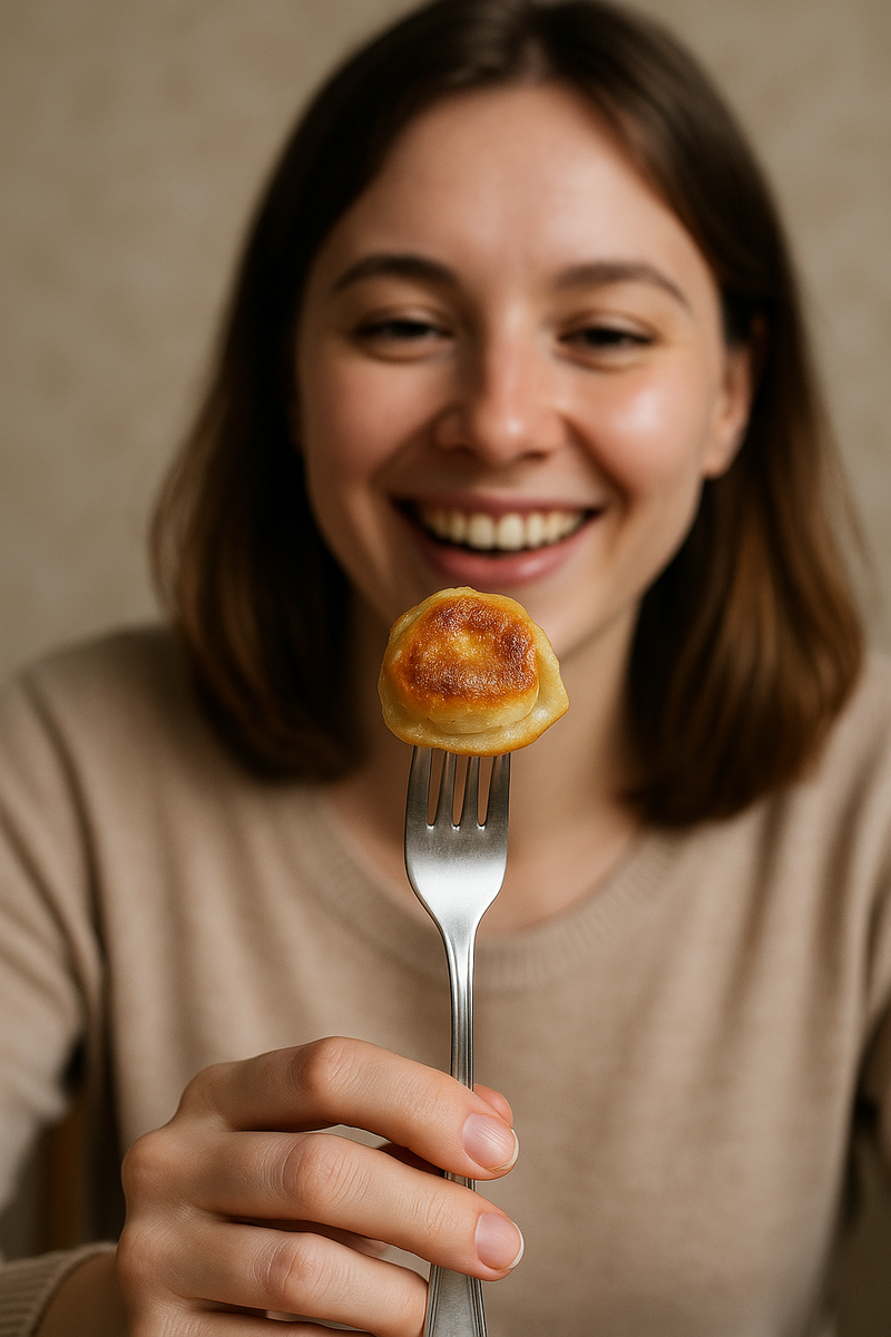 Девушка улыбается и держит вилку с крупным планом золотистого жареного пельменя.