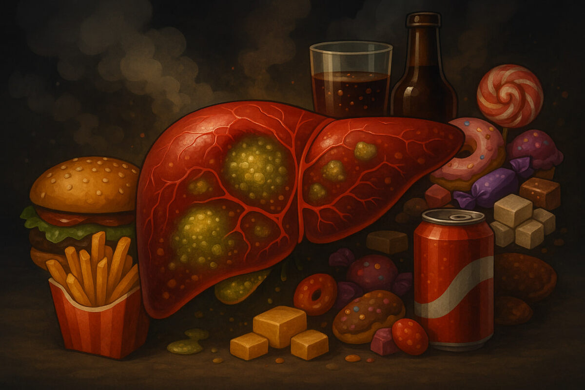 Иллюстрация показывает перегруженную печень, окружённую вредными продуктами — алкоголем, фастфудом и сладостями.